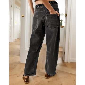 Kedera Womens Baggy Barrel Horseshoe Jeans Drawstring Boyfriend Wide Leg Denim Pants with Pockets Black