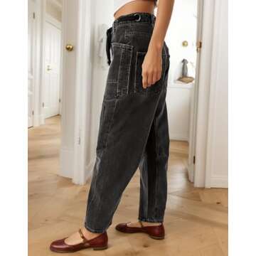 Kedera Womens Baggy Barrel Horseshoe Jeans Drawstring Boyfriend Wide Leg Denim Pants with Pockets Black