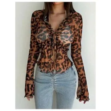 WDIRARA Women's Sexy Mesh Animal Print Top with Ruffle Trim