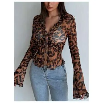 WDIRARA Women's Sexy Mesh Animal Print Top with Ruffle Trim
