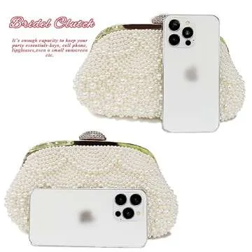 Aovtero Pearl Clutch Bride Bag Purse Women Wedding Prom Evening Bags Formal Full Beaded Handbag with Chain (Ivory White)