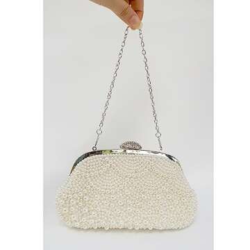Aovtero Pearl Clutch Bride Bag Purse Women Wedding Prom Evening Bags Formal Full Beaded Handbag with Chain (Ivory White)