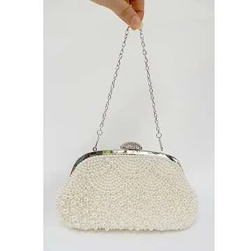 Aovtero Pearl Clutch Bride Bag Purse Women Wedding Prom Evening Bags Formal Full Beaded Handbag with Chain (Ivory White)