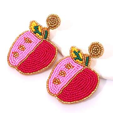 HZEYN 2 Pairs Teacher Earrings for Women Beaded Apple Pencil Drop Dangle Earrings Funny Back To School Gifts for Teacher Appreciation(Hot pink)