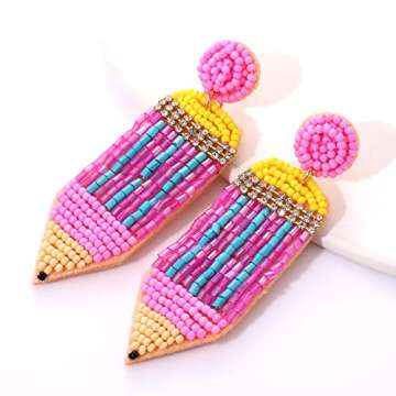 HZEYN 2 Pairs Teacher Earrings for Women Beaded Apple Pencil Drop Dangle Earrings Funny Back To School Gifts for Teacher Appreciation(Hot pink)