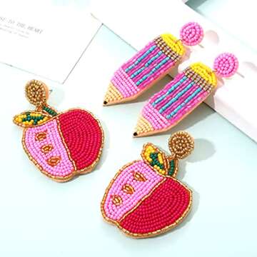 HZEYN 2 Pairs Teacher Earrings for Women Beaded Apple Pencil Drop Dangle Earrings Funny Back To School Gifts for Teacher Appreciation(Hot pink)