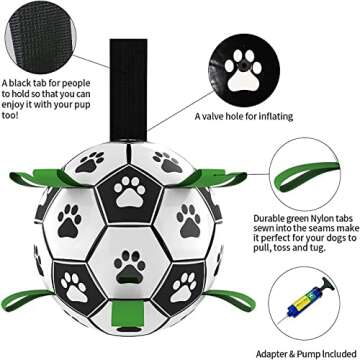 QDAN Dog Toys Soccer Ball with Straps, World Cup Interactive Dog Toys for Tug of War, Puppy Birthday Gifts, Dog Tug Toy, Dog Water Toy, Durable Dog Balls for Medium Large Dogs（8 Inch）