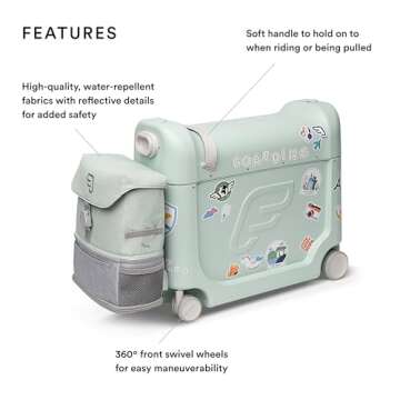 JetKids Stokke Travel Bundle, Green - Includes Kid’s Ride-On Suitcase & In-Flight Bed + Adjustable...