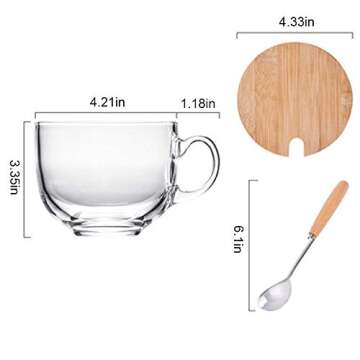 Aoderun Large Glass Coffee Mugs 15oz Ins Style Glass Cups With Lids Spoon, for Cappuccino, Coffee Latte Cereal Ice Cream Mike Dishwasher and Microwave Safe (Premium Tempered Glass)