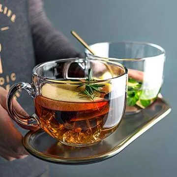 Aoderun Large Glass Coffee Mugs 15oz Ins Style Glass Cups With Lids Spoon, for Cappuccino, Coffee Latte Cereal Ice Cream Mike Dishwasher and Microwave Safe (Premium Tempered Glass)