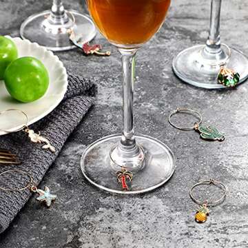 Jadive 18 Pieces Wine Glass Charms Markers Tags Summer Beach Theme with Rich Elements for Wine Champagne Cocktail Favors Decorations Bachelorette Tasting Party Include Velvet Bags