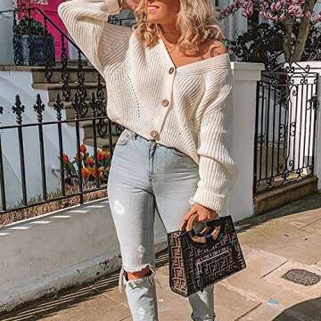 EXLURA Womens V Neck Open Front Button Down Knit Cardigan Sweater Short Loose Long Sleeve Sweater Coat White