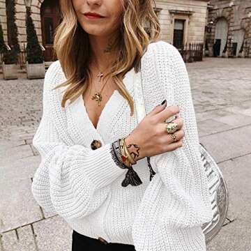 EXLURA Womens V Neck Open Front Button Down Knit Cardigan Sweater Short Loose Long Sleeve Sweater Coat White