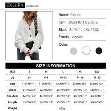 EXLURA Womens V Neck Open Front Button Down Knit Cardigan Sweater Short Loose Long Sleeve Sweater Coat White