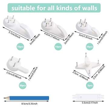 Jetec 75 Pcs Concrete Wall Hooks Picture Frame Hangers Without Nails Invisible Nail Screws Non Mark Hanger Hooks with Handrail and Pencil for Photo Frame Clock(Simple Style)