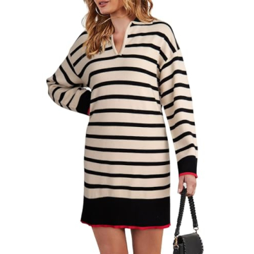 Dokotoo Casual Dresses for Women Long Sleeve Sweater Dresses for Women Trendy Lapel V Neck Stripes S...