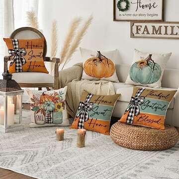 AVOIN colorlife Fall Pumpkin Home Sweet Home Throw Pillow Covers, 18 x 18 Inch Autumn Thankful Grateful Blessed Harvest Floral Decorations for Sofa Couch Set of 4