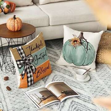 AVOIN colorlife Fall Pumpkin Home Sweet Home Throw Pillow Covers, 18 x 18 Inch Autumn Thankful Grateful Blessed Harvest Floral Decorations for Sofa Couch Set of 4