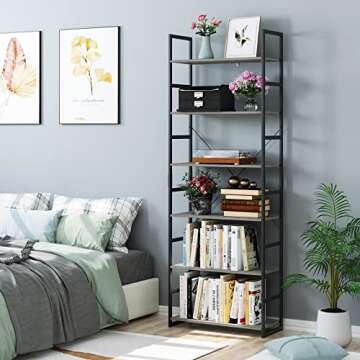 PUPL 6 Tier Bookcase, Free Standing Tall Book Shelf Storage Organizer Plant Flower Stand Rack for Living Room Kitchen Bathroom, 27.5L x 11.8W x 76.7H Inch, Vintage Gray