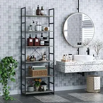 PUPL 6 Tier Bookcase, Free Standing Tall Book Shelf Storage Organizer Plant Flower Stand Rack for Living Room Kitchen Bathroom, 27.5L x 11.8W x 76.7H Inch, Vintage Gray