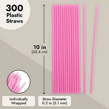 Juvale 300-Pack Pink Plastic Straws for Birthday Party, Baby Shower, Weddings and Gatherings, 10 Inches Long Fun Pink Straws Plastic for Cocktails, Coffee, Juice, Water, Iced Tea and More