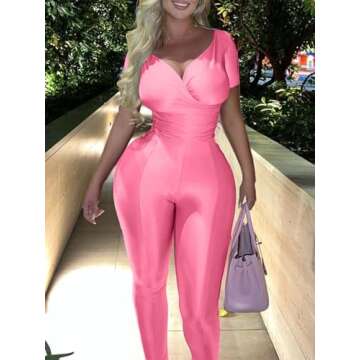 Ekaliy Women's Sexy Outfits 2 Piece Off Shoulder Tops Bodycon Flared Pant Sets Summer Clubwear Pink XS