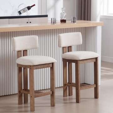 RIVOVA 26" Bar Stools Set of 2 Counter Height Bar Stool with Back, Upholstered Linen Counter Stools for Kitchen Island, Bar Chairs with Wood Legs, Mid Century Modern Bar Stools, Beige