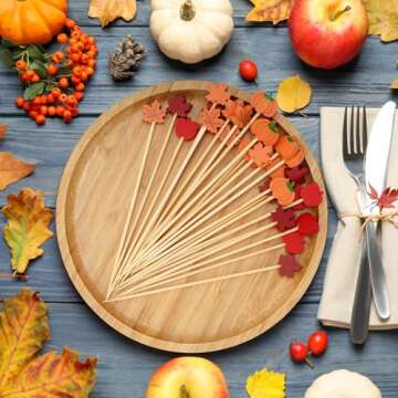 Minisland Orange Pumpkin Cocktail Picks, 5 Inch Long Bamboo Fancy Toothpicks for Appetizers, Decorative Fall Halloween Thanksgiving Party Food Drinks Garnish Fruit Skewer Sticks 100 Counts - MSL423