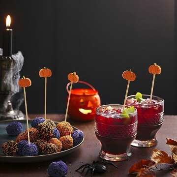 Minisland Orange Pumpkin Cocktail Picks, 5 Inch Long Bamboo Fancy Toothpicks for Appetizers, Decorative Fall Halloween Thanksgiving Party Food Drinks Garnish Fruit Skewer Sticks 100 Counts - MSL423
