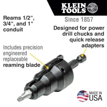 Klein Tools 85091 Power Conduit Reamer with Improved Bit Retention, 1/2-, 3/4- and 1-Inch, Made in U...