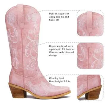 GOSERCE Women's Western Cowboy Cowgirl Boots Floral Embroidery Pointed Toe Mid Calf Chunky Heel 2.5" Pull-On Fashion Boots Pink,10