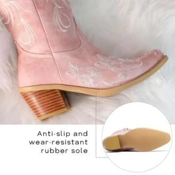 GOSERCE Women's Western Cowboy Cowgirl Boots Floral Embroidery Pointed Toe Mid Calf Chunky Heel 2.5" Pull-On Fashion Boots Pink,10