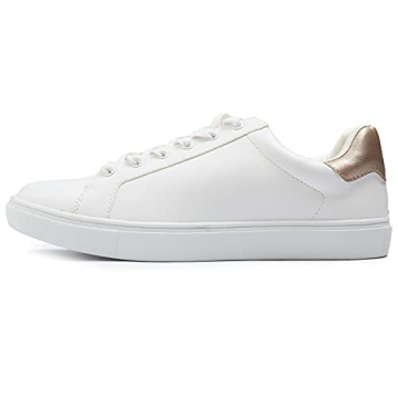 FEVERSOLE Women's Fashion Vegan Leather Casual Daily Lace Up Sneaker White Rose Gold Patch Size 8 M ...