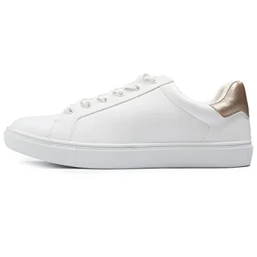 FEVERSOLE Women's Fashion Vegan Leather Casual Daily Lace Up Sneaker White Rose Gold Patch Size 8 M ...
