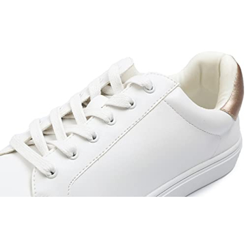 FEVERSOLE Women's Fashion Vegan Leather Casual Daily Lace Up Sneaker White Rose Gold Patch Size 8 M US