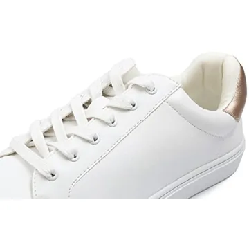 FEVERSOLE Women's Fashion Vegan Leather Casual Daily Lace Up Sneaker White Rose Gold Patch Size 8 M US