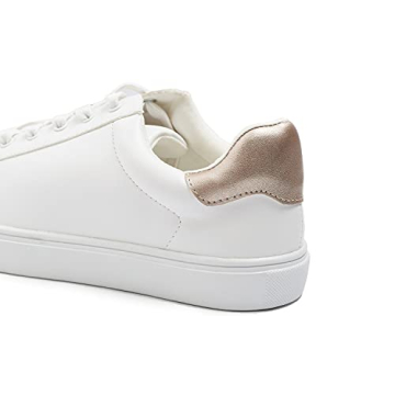 FEVERSOLE Women's Fashion Vegan Leather Casual Daily Lace Up Sneaker White Rose Gold Patch Size 8 M US