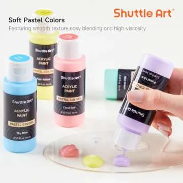Shuttle Art 40 Pack Pastel Acrylic Paint Set, 30 Colors, 60ml/2oz Bottles, High Viscosity, Water-proof Paint With 10 Paint Brushes for Painting &Crafting on Canvas, Rock, Ceramic, Fabric