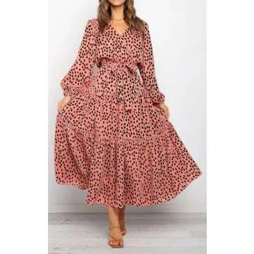 PRETTYGARDEN Womens Long Sleeve Wrap V Neck Ruffle Tiered Floral Maxi Dress Casual Tie Waist Boho Chiffon Flowy Long Dresses(Orange,Large)