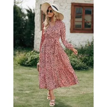 PRETTYGARDEN Womens Long Sleeve Wrap V Neck Ruffle Tiered Floral Maxi Dress Casual Tie Waist Boho Chiffon Flowy Long Dresses(Orange,Large)