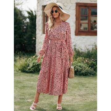 PRETTYGARDEN Womens Long Sleeve Wrap V Neck Ruffle Tiered Floral Maxi Dress Casual Tie Waist Boho Chiffon Flowy Long Dresses(Orange,Large)