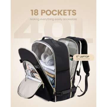 LOVEVOOK Travel Backpack for Women Men as Personal Item Flight Approved, 40L Luggage Carry On Backpack, 17.3inch Large Daypack Laptop Backpack Waterproof Outdoor Sports with 3 Packing Cubes,Black-Grey