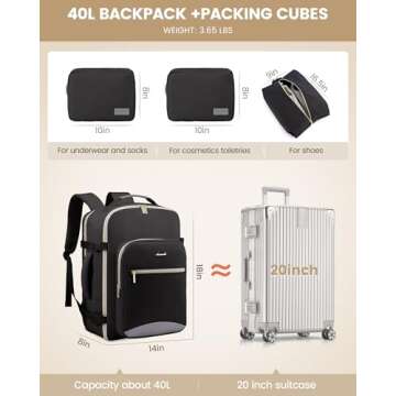 LOVEVOOK Travel Backpack for Women Men as Personal Item Flight Approved, 40L Luggage Carry On Backpack, 17.3inch Large Daypack Laptop Backpack Waterproof Outdoor Sports with 3 Packing Cubes,Black-Grey