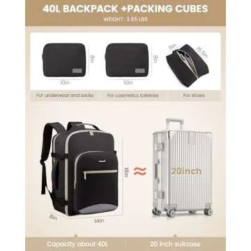 LOVEVOOK Travel Backpack for Women Men as Personal Item Flight Approved, 40L Luggage Carry On Backpack, 17.3inch Large Daypack Laptop Backpack Waterproof Outdoor Sports with 3 Packing Cubes,Black-Grey