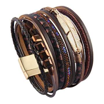 GelConnie Boho Wrap Bracelet for Women Bohemian Feather Bracelets Handmade Jewelry Leather Cuff Bracelets Leather Jewelry for Women and Mother