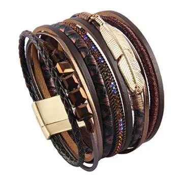 GelConnie Boho Wrap Bracelet for Women Bohemian Feather Bracelets Handmade Jewelry Leather Cuff Bracelets Leather Jewelry for Women and Mother