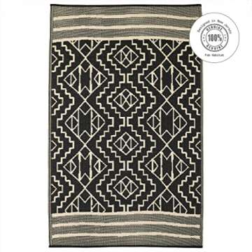 Fab Habitat Outdoor Rug - Waterproof, Fade Resistant, Crease-Free - Premium Recycled Plastic - Tribal Boho Neutral - Patio, Porch, Deck, Balcony - Kilimanjaro - Black - 5 x 8 ft