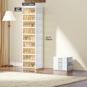 YITAHOME 9 Tiers-18 Pairs Easy Assembly Shoe Organizer Storage Box for Closet, Foldable Shoe Rack with Magnetic Doors, Collapsible Sneaker Cabinet for Entryway, Living Room, Bedroom (White)