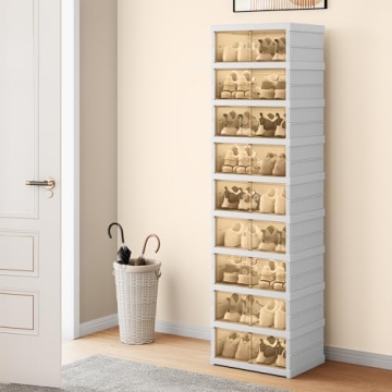 YITAHOME 9 Tiers-18 Pairs Easy Assembly Shoe Organizer Storage Box for Closet, Foldable Shoe Rack with Magnetic Doors, Collapsible Sneaker Cabinet for Entryway, Living Room, Bedroom (White)