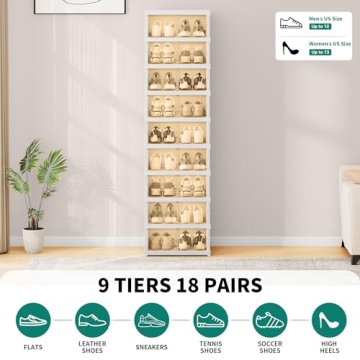 YITAHOME 9 Tiers-18 Pairs Easy Assembly Shoe Organizer Storage Box for Closet, Foldable Shoe Rack with Magnetic Doors, Collapsible Sneaker Cabinet for Entryway, Living Room, Bedroom (White)